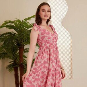 LIKE NEW - 100% Cotton Gauze Tie Strap Maxi Dress - Pink Print
